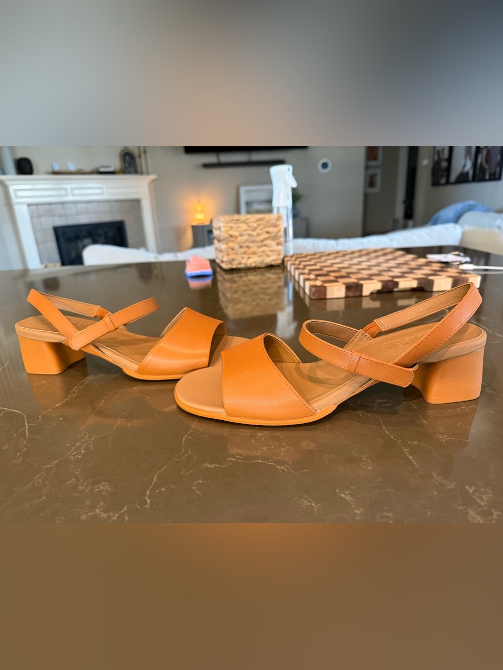 Camper Orange Leather Low Block Heel Slingback Sandals